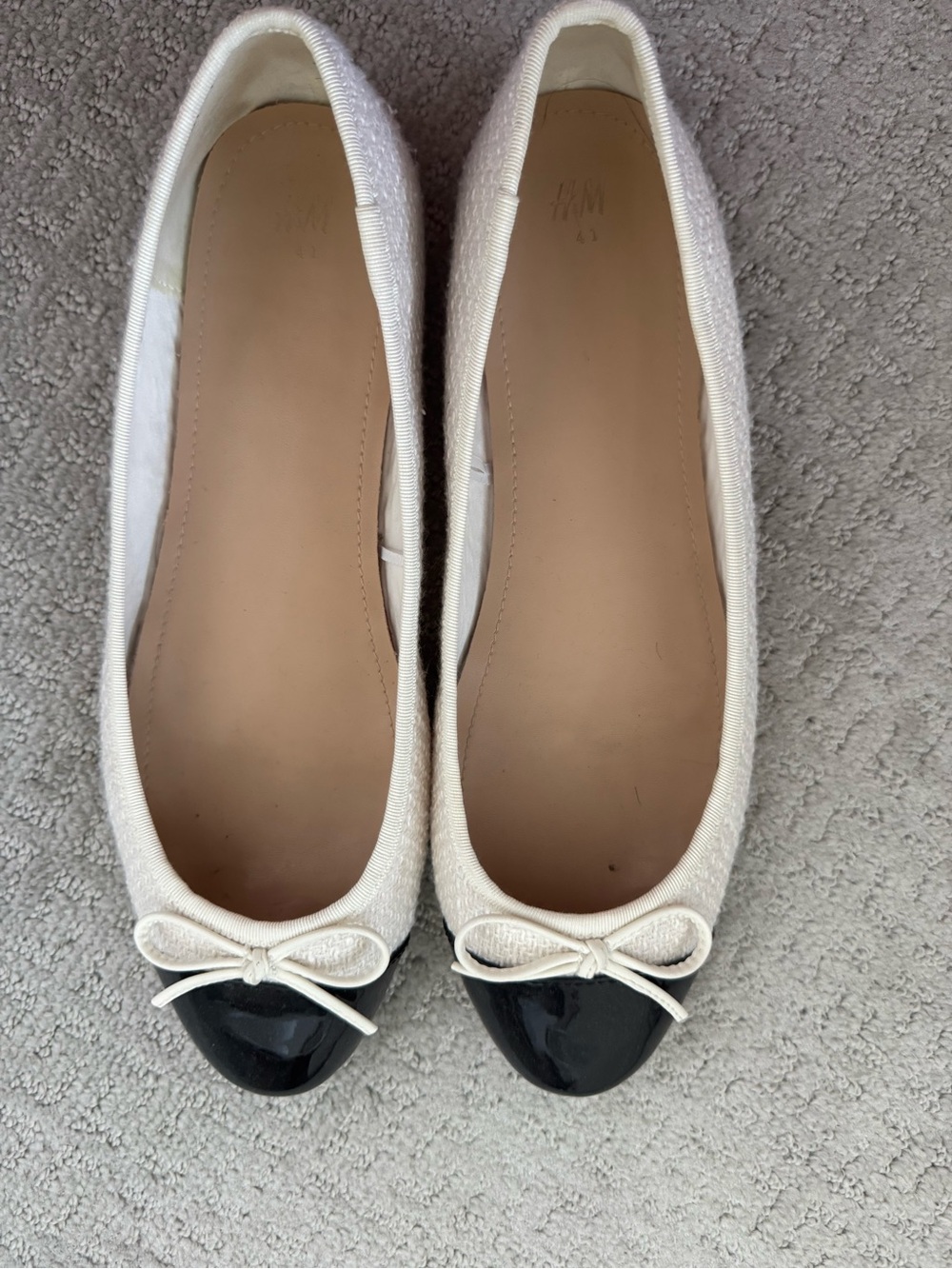 H&M Cream Ballet Flats with Black Patent Cap Toes
